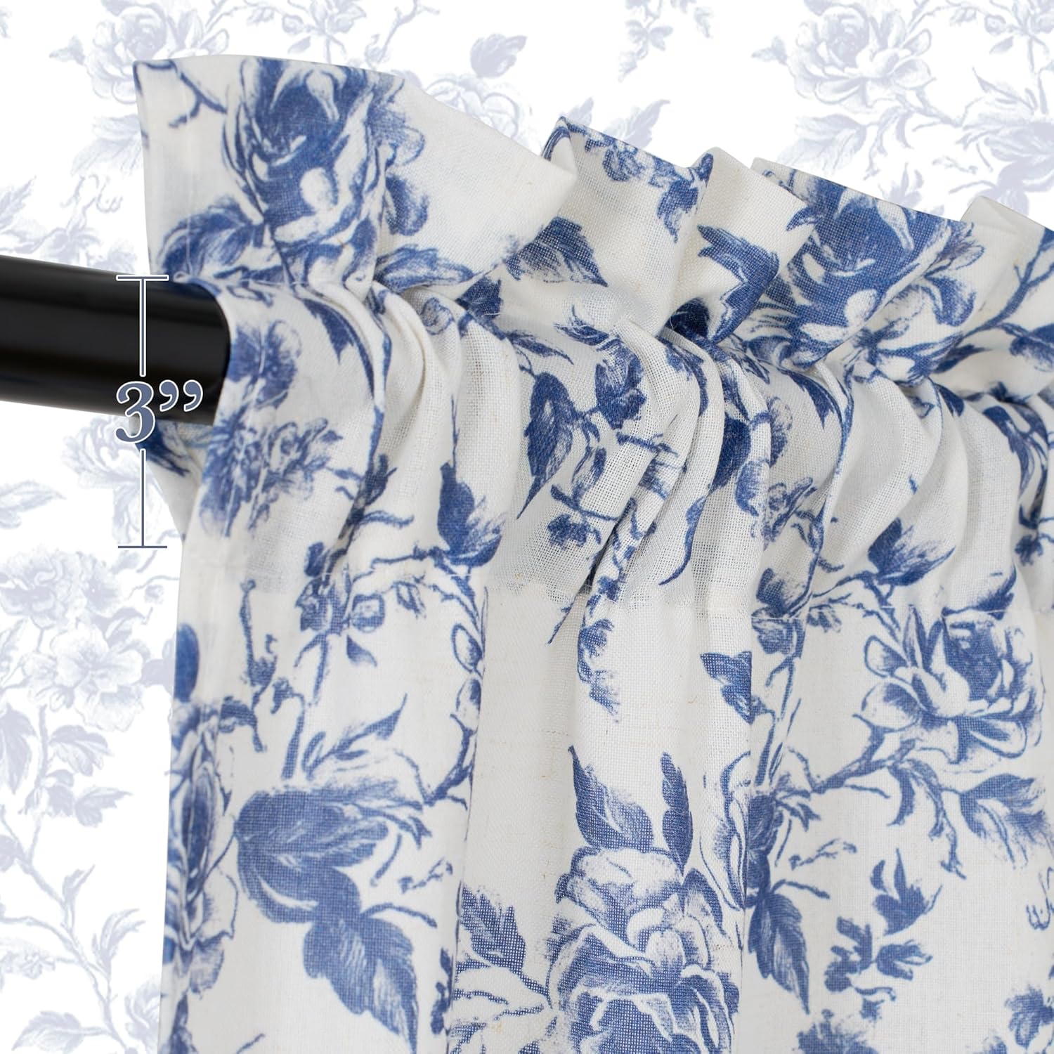 Close-up of a white curtain with a blue floral toile pattern, gathered on a black rod. Features a 3-inch rod pocket for hanging.