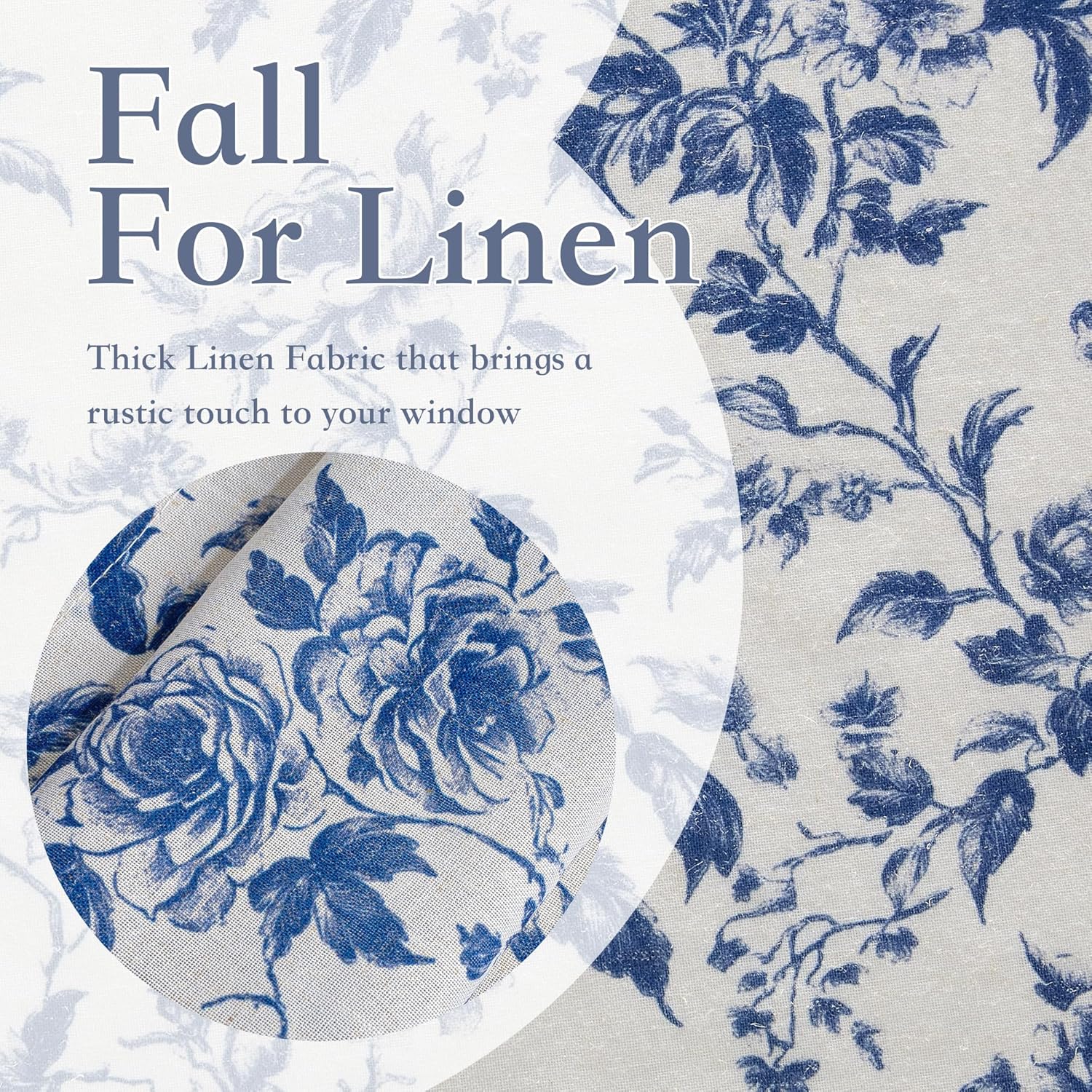 Thick white linen fabric with a rustic blue floral pattern of roses and vines for windows.