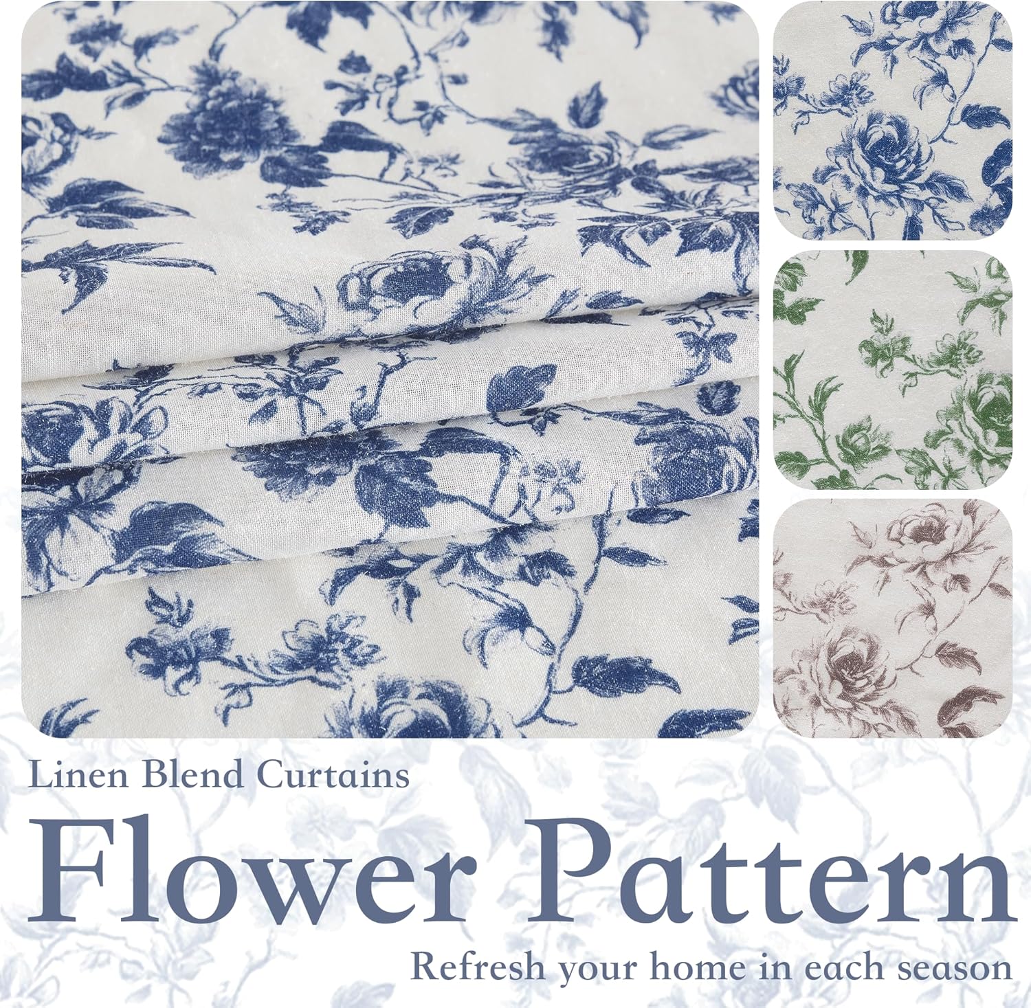Close-up of blue floral toile pattern on white linen blend curtains, with texture visible.
