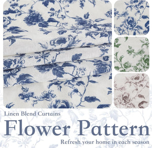 Close-up of blue floral toile pattern on white linen blend curtains, with texture visible.