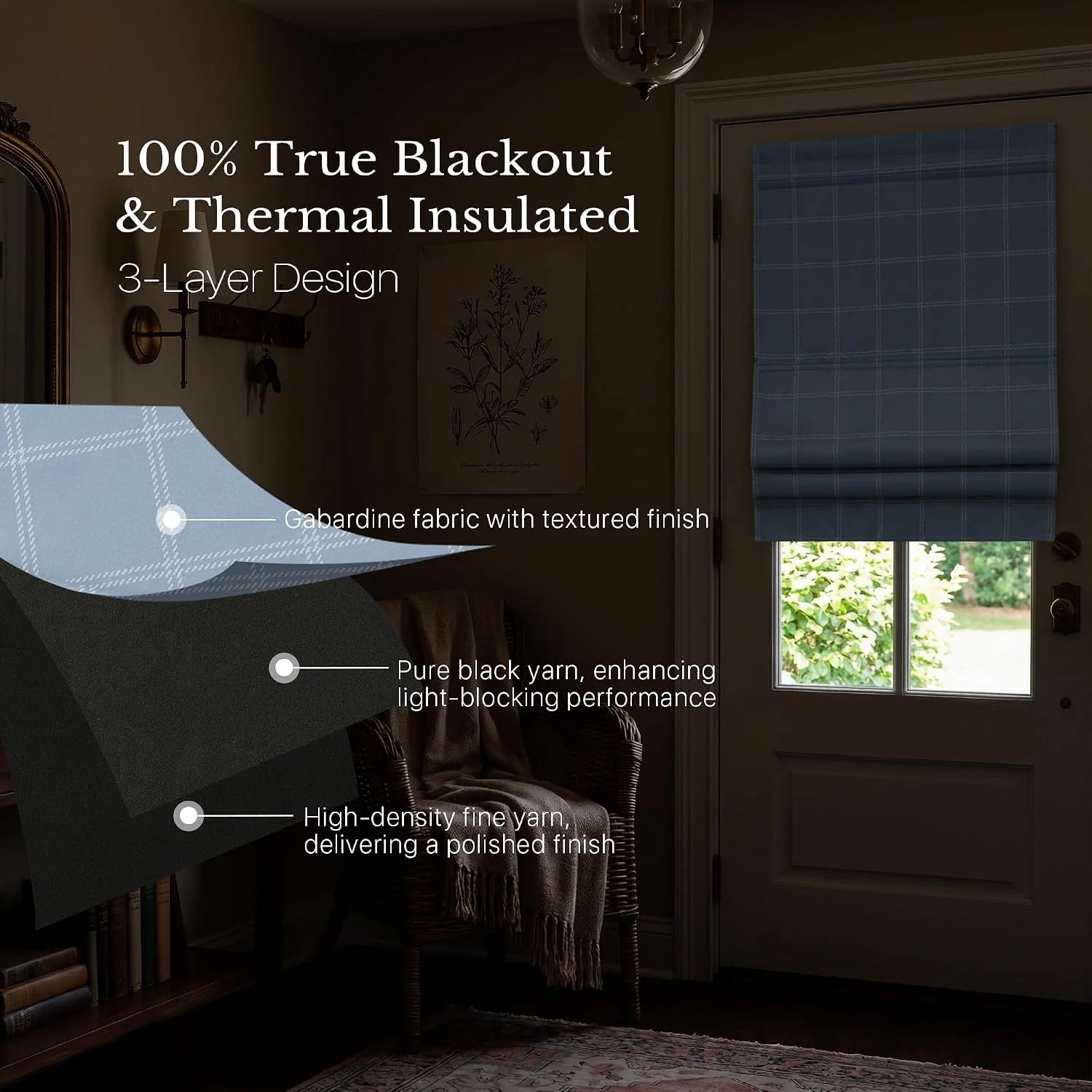Blue plaid blackout Roman shade on a door window with layered thermal fabric diagram