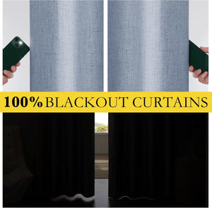 Blue-gray linen textured blackout curtains demonstrated blocking light and darkening a room.