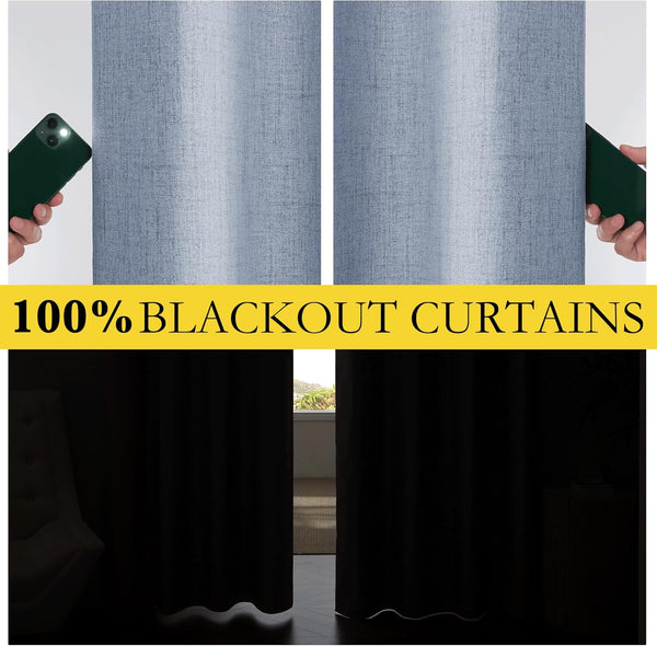 Blue-gray linen textured blackout curtains demonstrated blocking light and darkening a room.