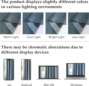 Blue-grey fabric color variations under warm, cool, bright, low light, and across digital screens.
