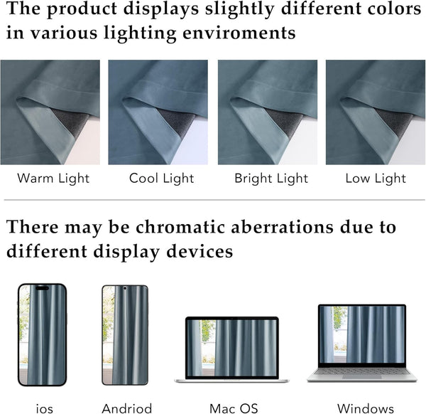 Blue-grey fabric color variations under warm, cool, bright, low light, and across digital screens.
