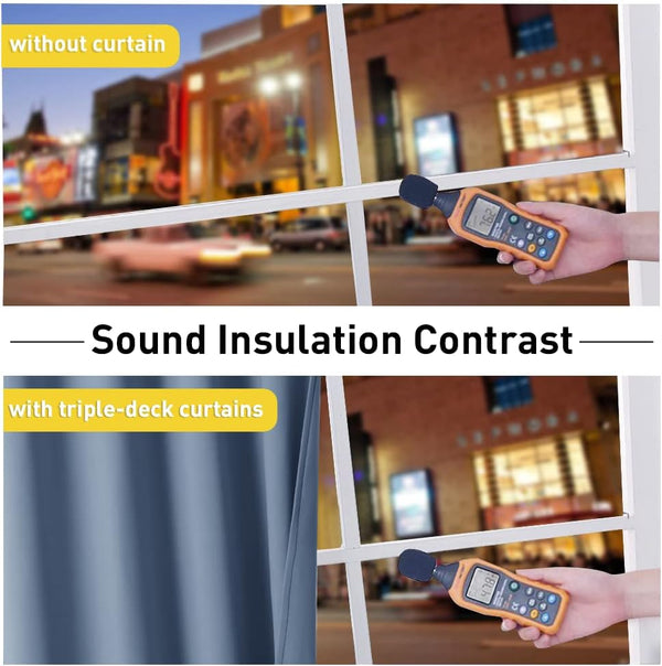 Sound insulation test with blue-grey triple-deck curtains. Noise reduced from 76.2 dB to 47.8 dB.