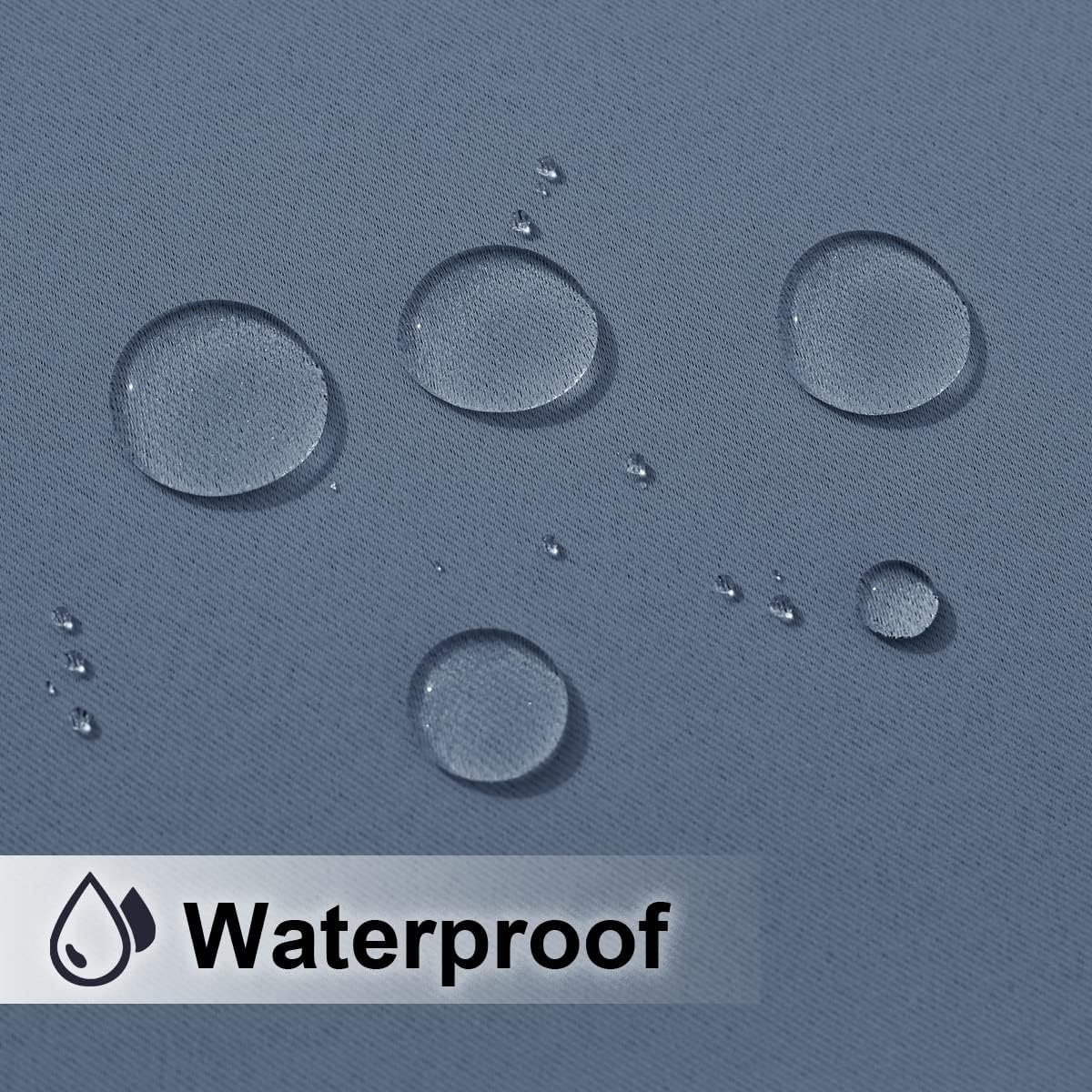 Close-up of blue-grey woven fabric with water droplets beading on its waterproof surface. 'Waterproof' text visible.