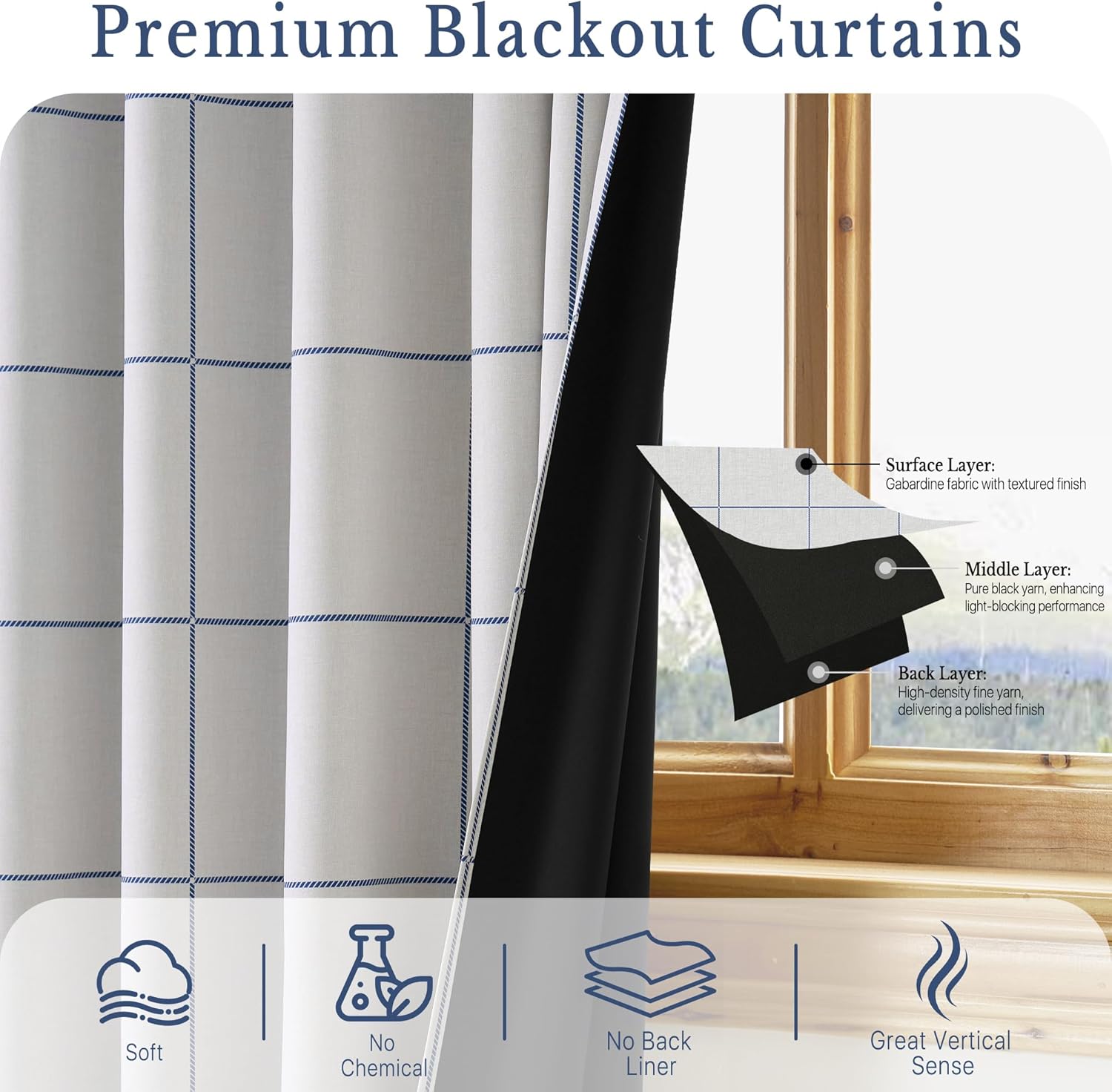 Light grey gabardine blackout curtains with navy blue grid pattern, showcasing layered light-blocking fabric.