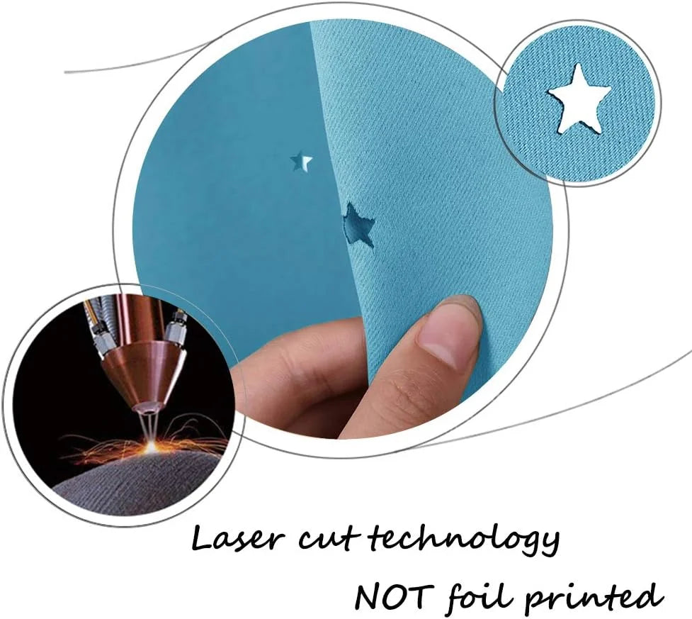 Blue fabric sample with laser-cut star detail, shown as cut-through not foil printed