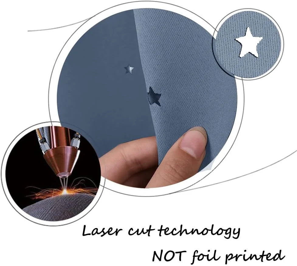 Blue fabric sample with laser-cut star detail held by hand, with close-up inset