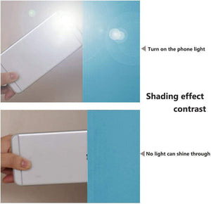 Contrast of blue material showing shading effect. Top: phone light on. Bottom: no light passes through.
