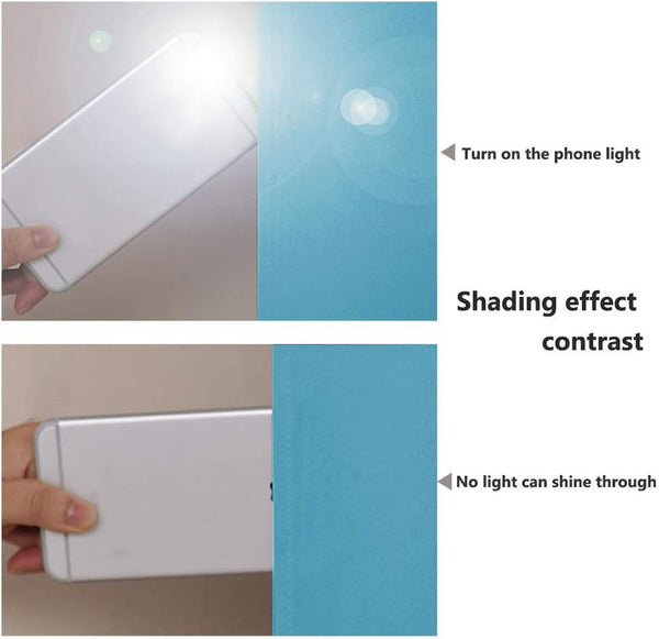 Contrast of blue material showing shading effect. Top: phone light on. Bottom: no light passes through.