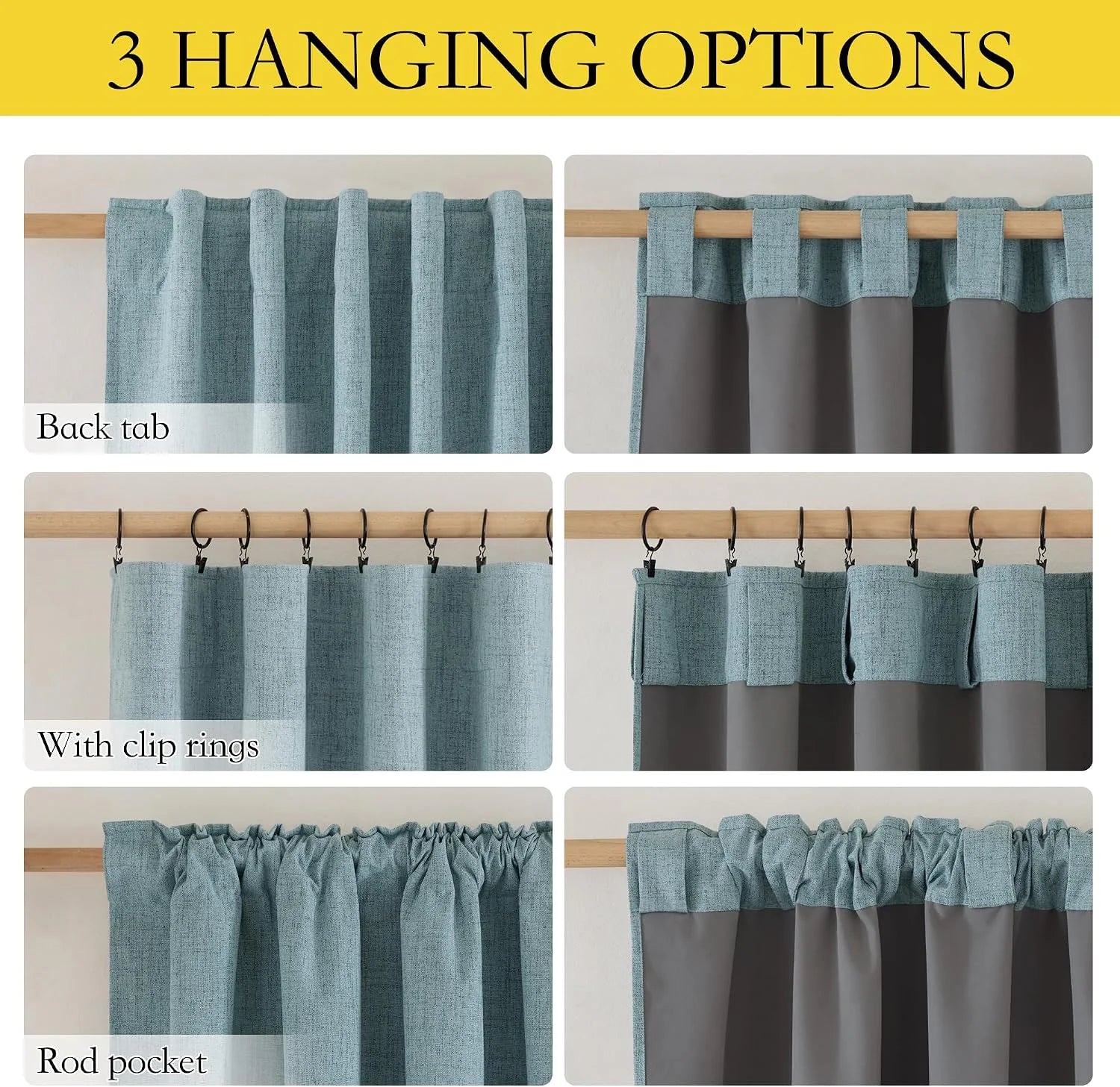 Chart showing three hanging options for blue textured blackout curtains on wood rods