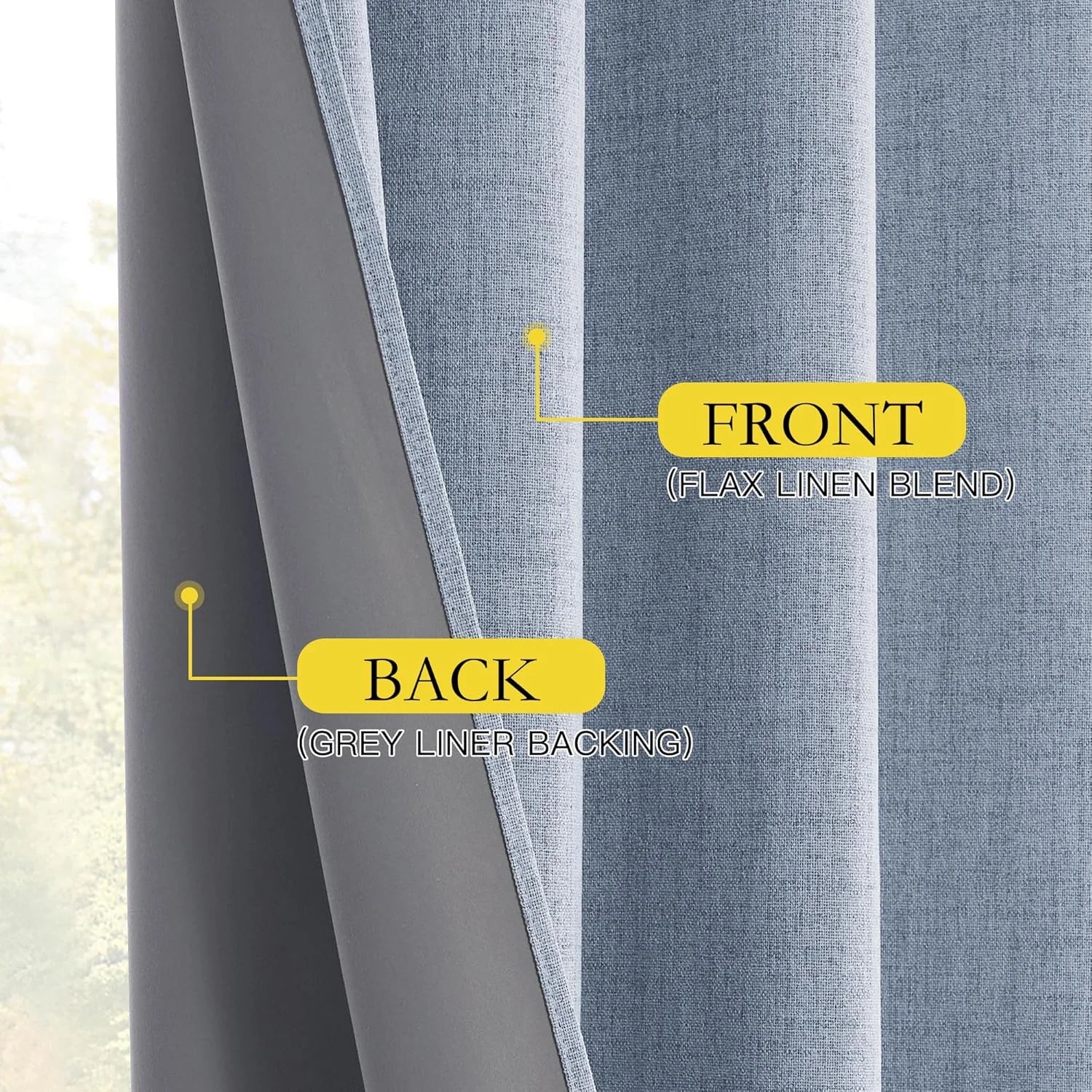 Blue flax linen blend curtain with grey blackout liner backing shown in close-up