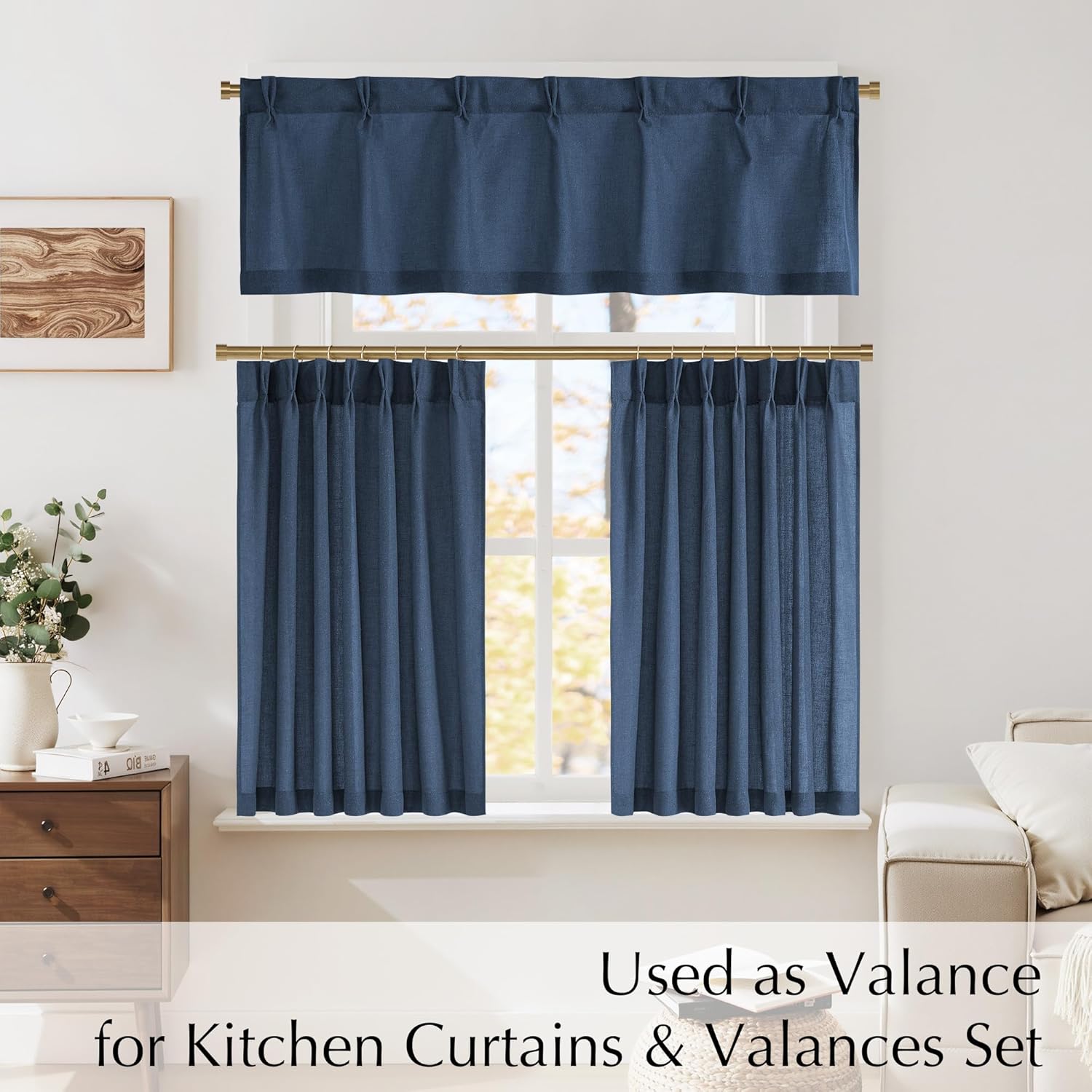 Solid indigo blue linen-blend tab top kitchen window valance and tier curtains set.