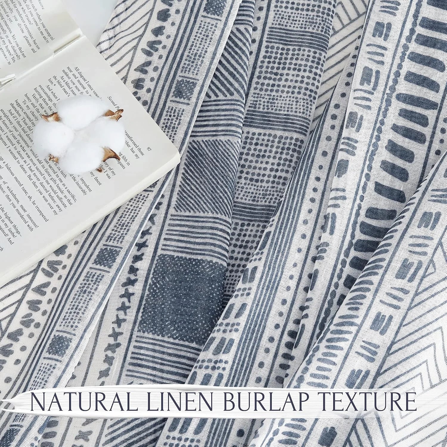 Blue and white patterned linen burlap fabric with geometric stripes and woven texture