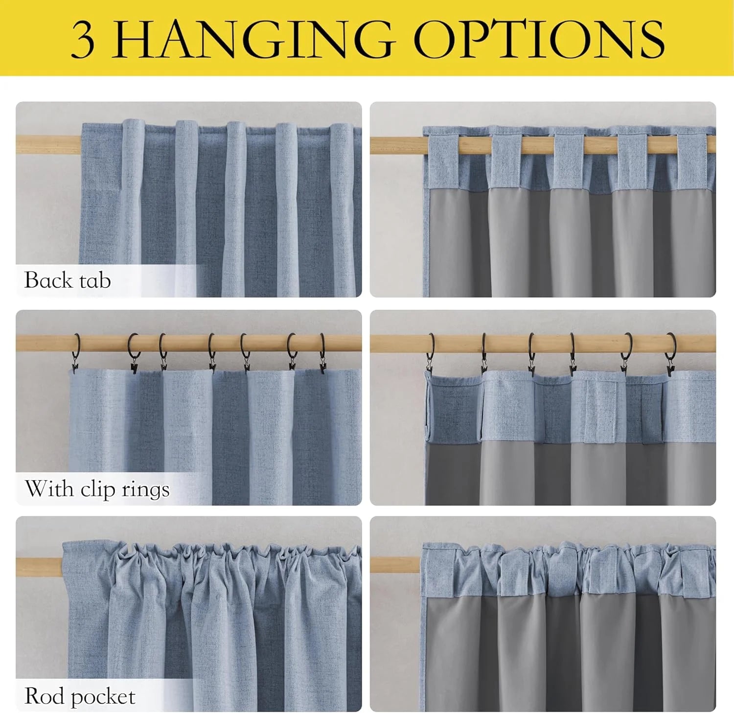 Blue textured curtain panel showing back tab, clip rings, and rod pocket hanging styles