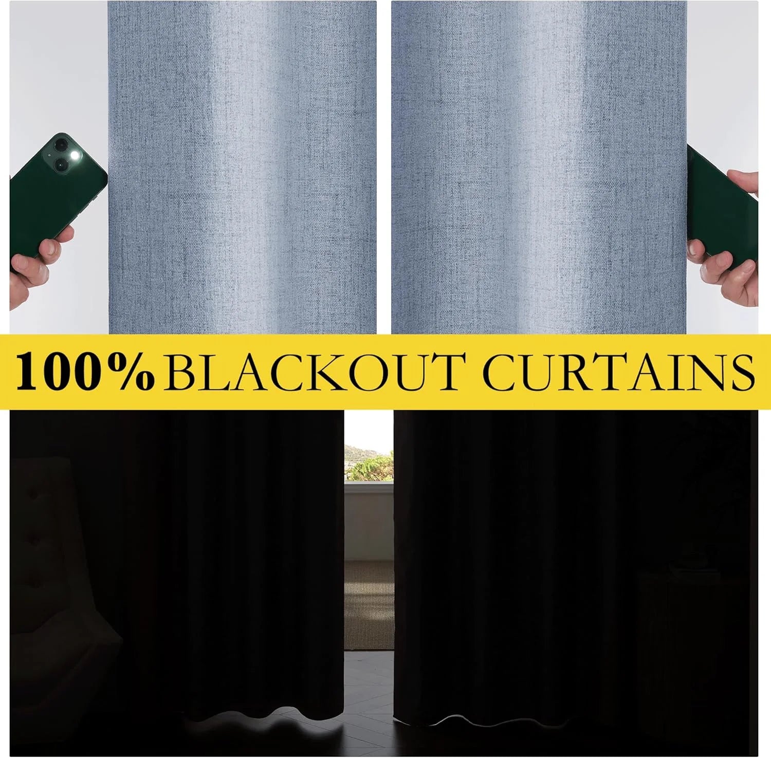 Blue linen-look blackout curtains blocking phone flash and window light