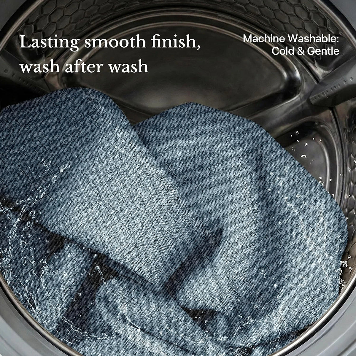Blue linen-look fabric inside a washing machine, highlighting machine washable durability