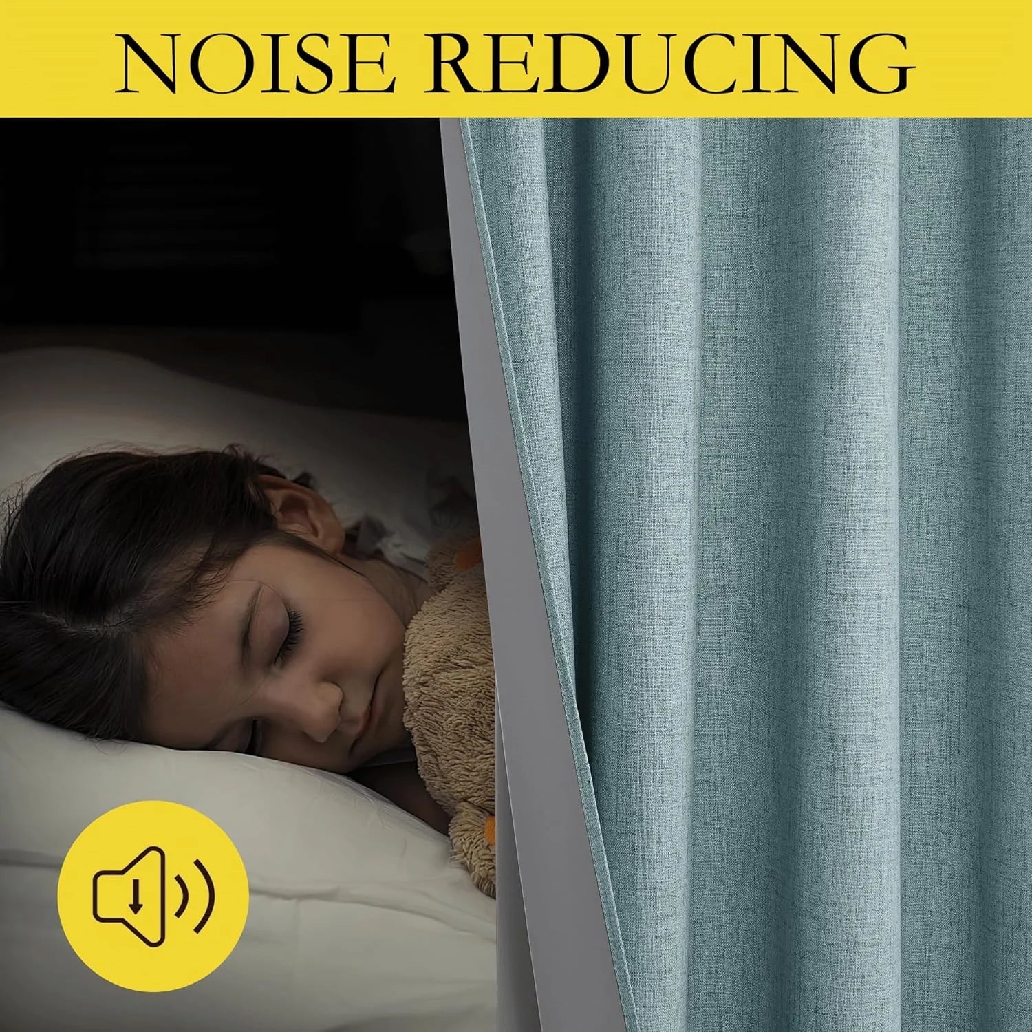 Light blue textured curtain shown beside a sleeping child to illustrate noise reduction