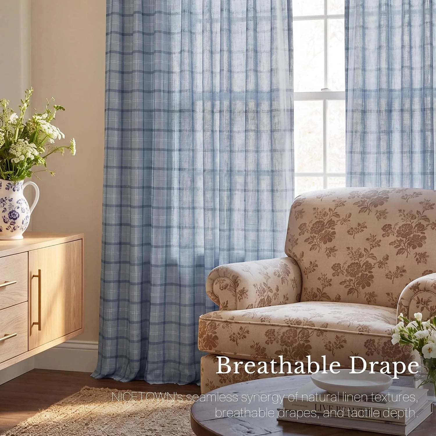 Light blue plaid linen-look sheer curtains filtering sunlight in a cozy living room