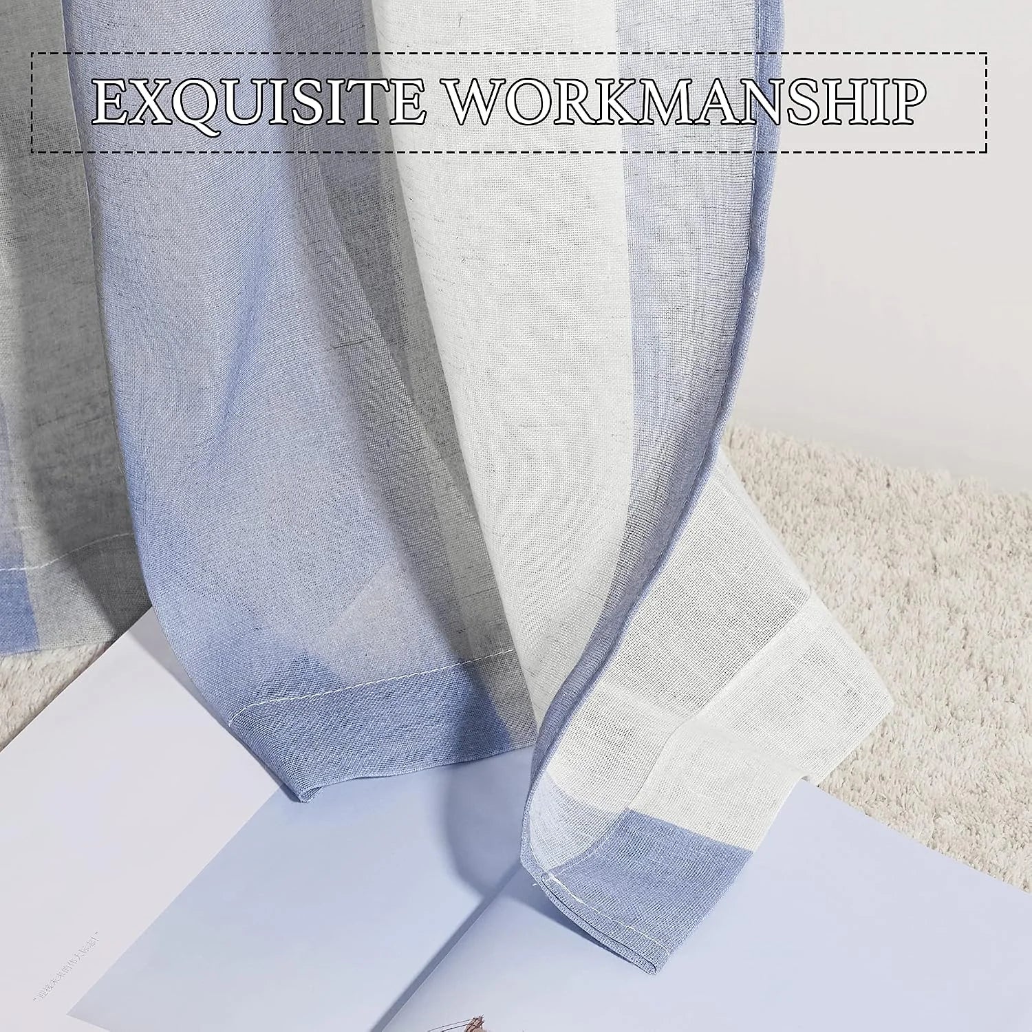 Close-up of blue sheer linen curtain with stitched hem and soft drape