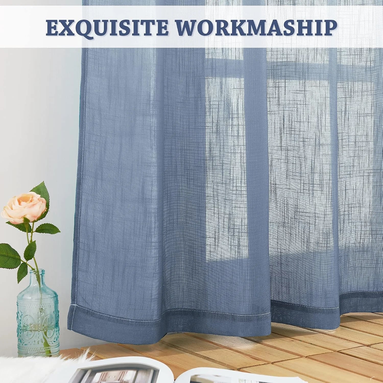Blue textured sheer curtain panel hanging by a sunlit window with a stitched hem