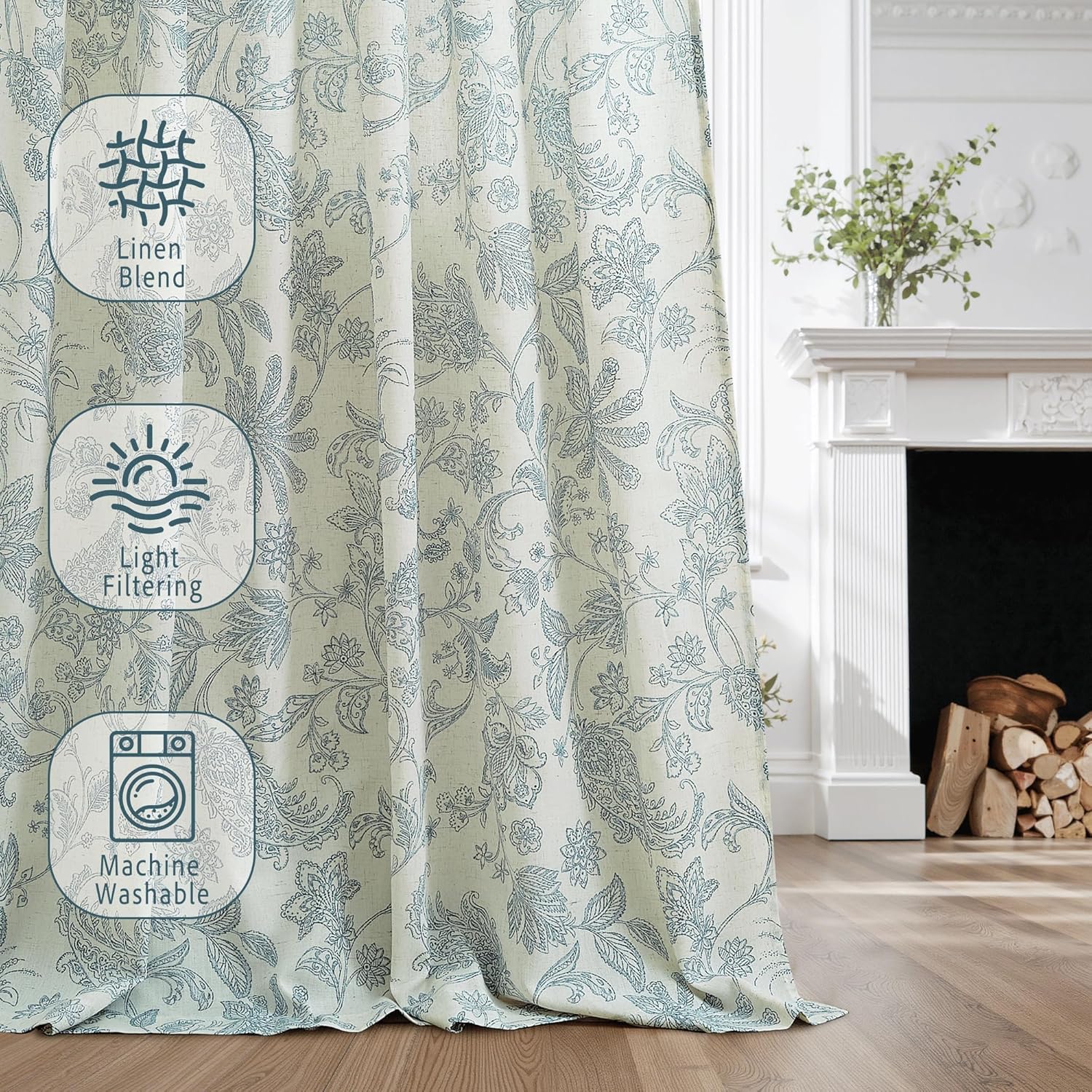 Light filtering cream linen blend curtain with blue paisley floral pattern, machine washable.