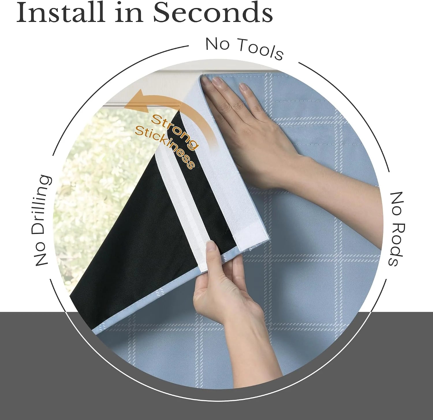 Hand installing blue plaid adhesive blackout curtain on window, no tools needed