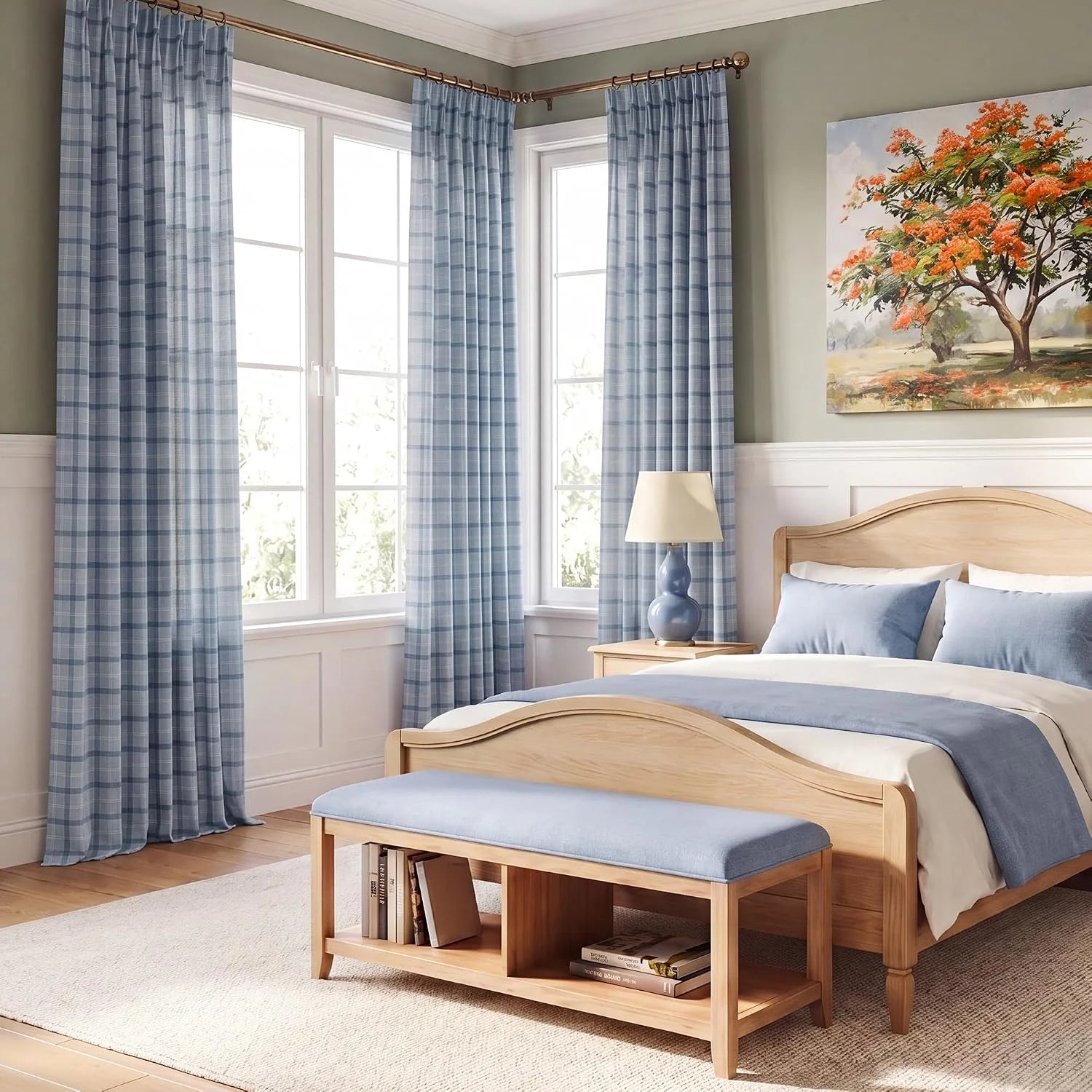 Light blue plaid curtains framing corner bedroom windows with a wood bed and bench