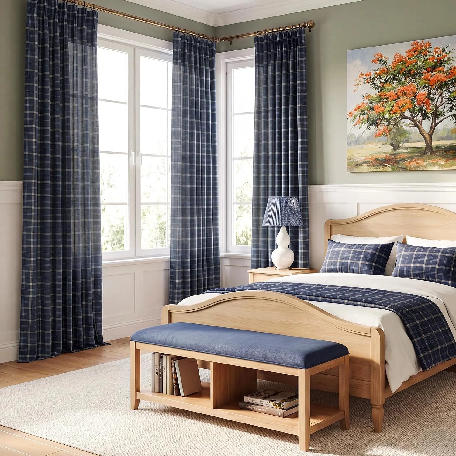 Blue plaid curtains framing corner bedroom windows beside a light wood bed