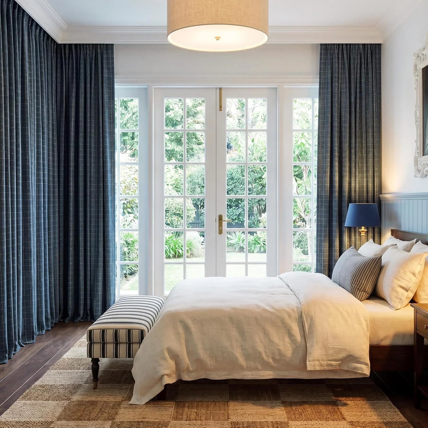 Dark blue plaid curtains frame French doors in a cozy bedroom with white bed and striped bench.