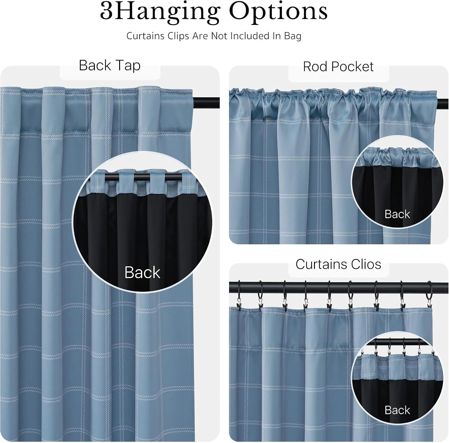 Blue plaid blackout curtain panel showing back tab, rod pocket, and clip hanging styles