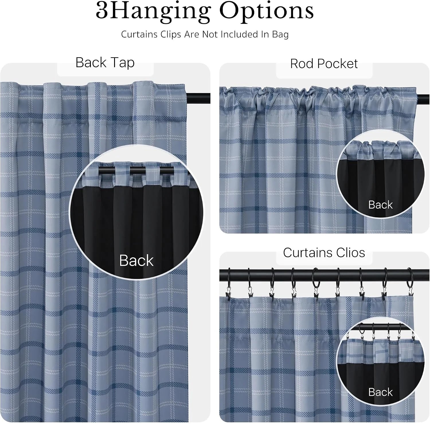 Blue plaid blackout curtain panel showing back tab, rod pocket, and clip hanging styles