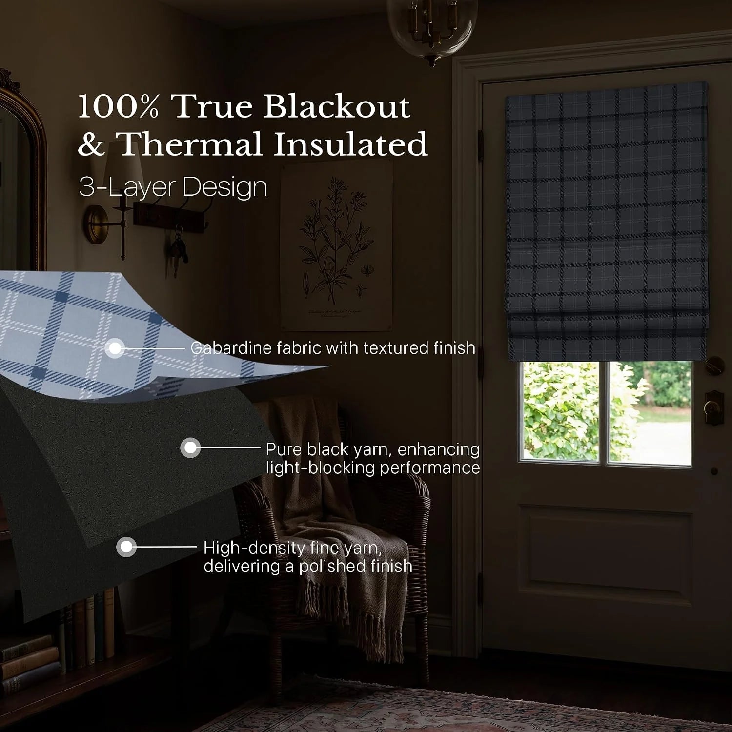 Blue plaid blackout Roman shade on a glass door with layered fabric insulation graphic