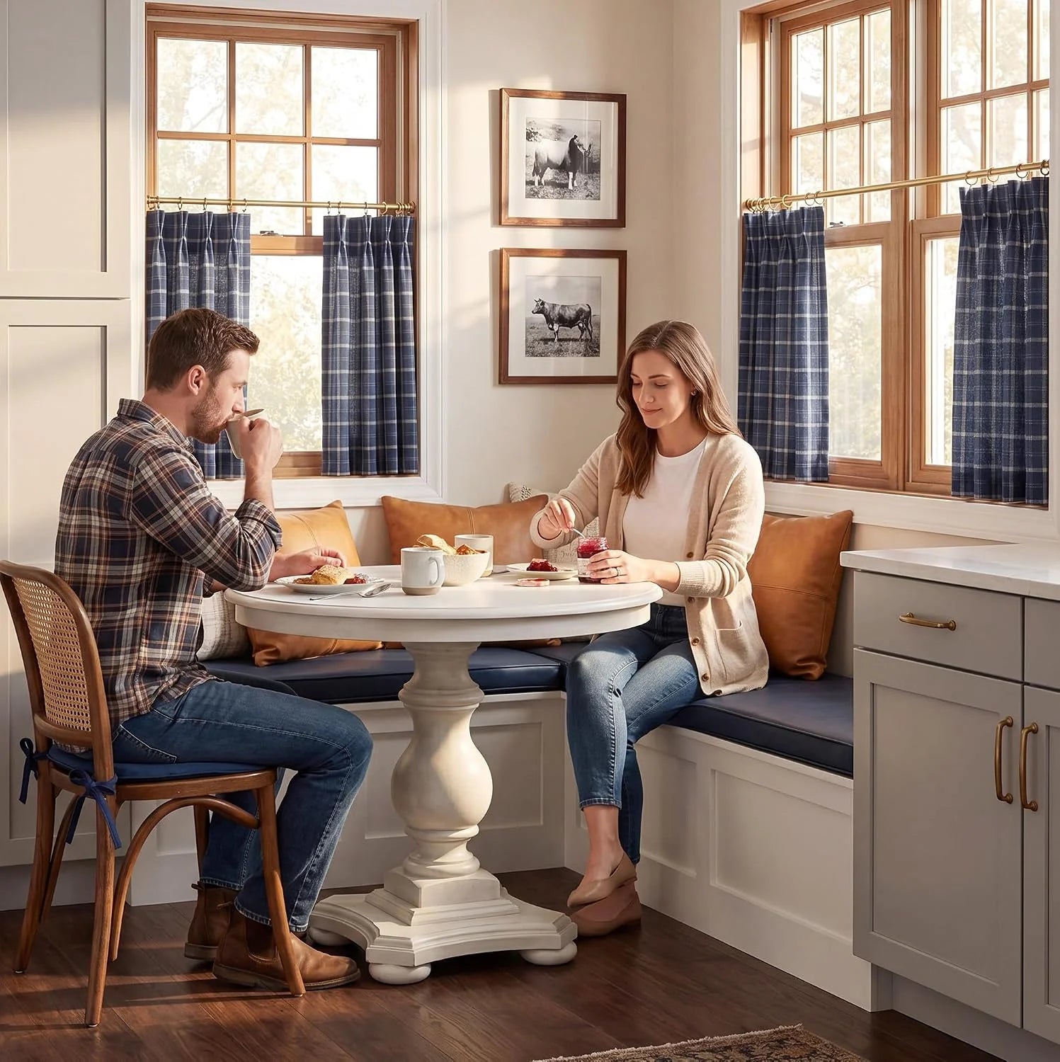 Blue plaid cafe curtains on brass rods in a cozy farmhouse kitchen breakfast nook