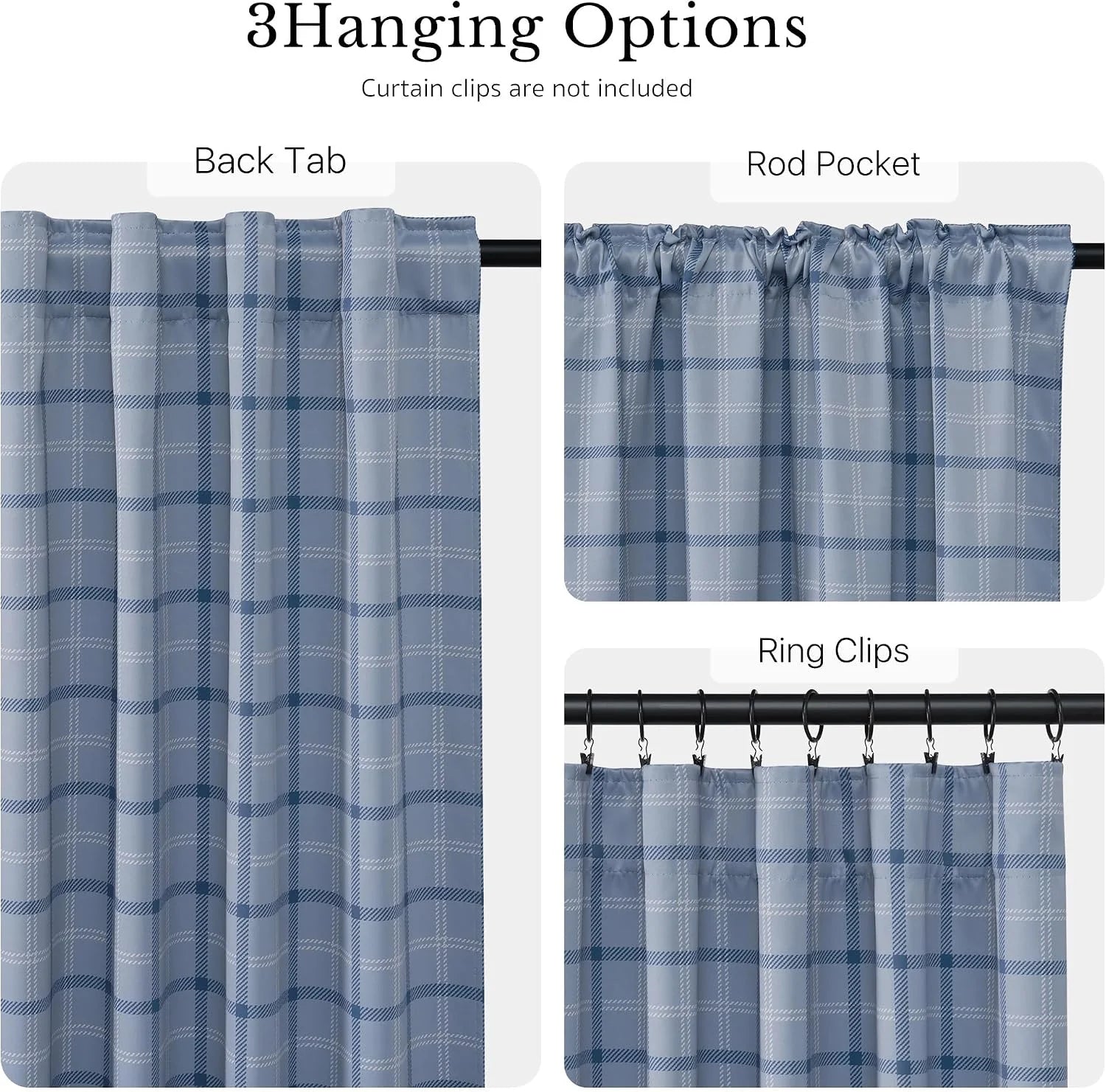 Blue plaid curtain panel showing back tab, rod pocket, and ring clip hanging styles