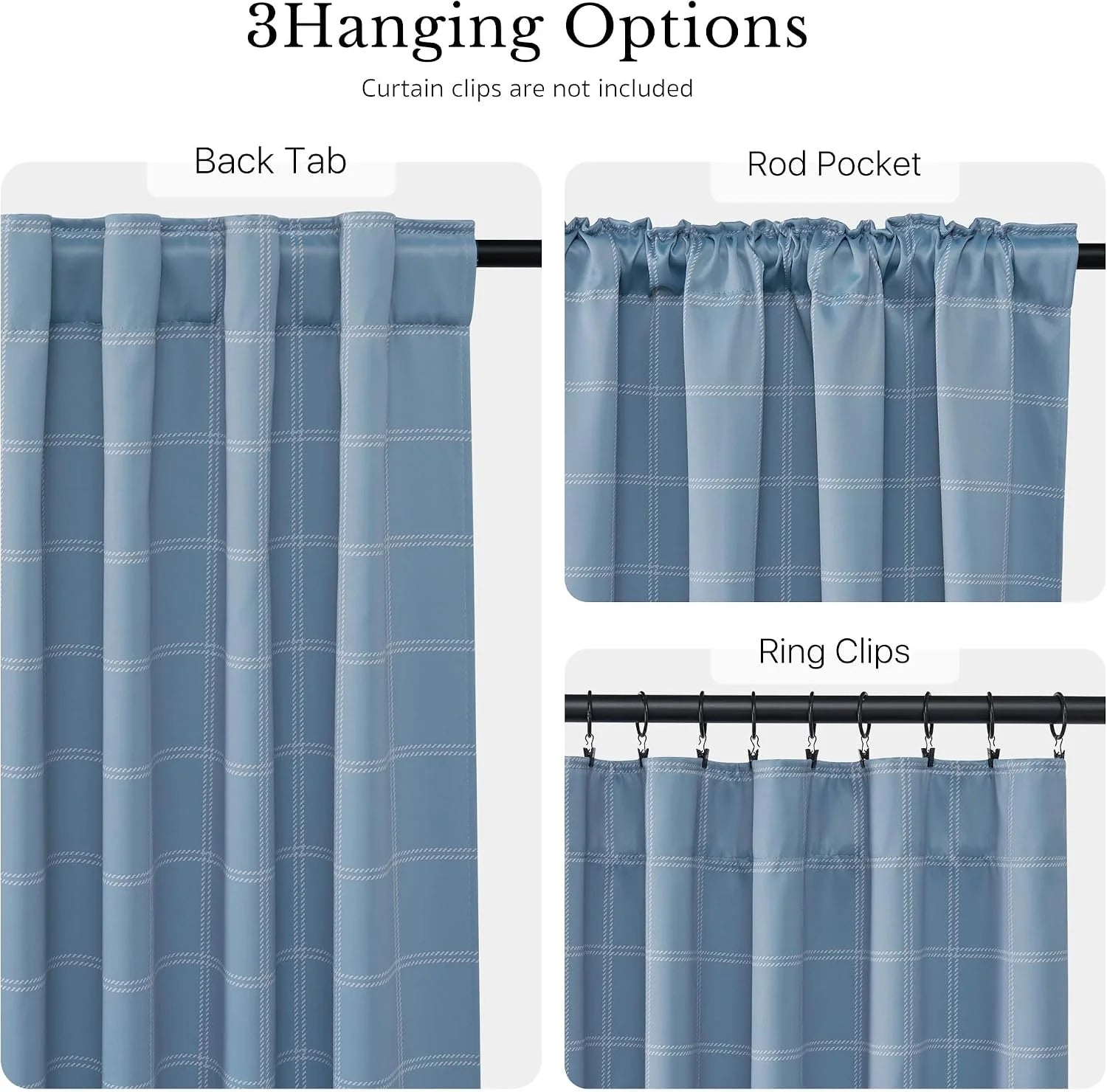 Blue plaid curtain panel showing back tab, rod pocket, and ring clip hanging styles