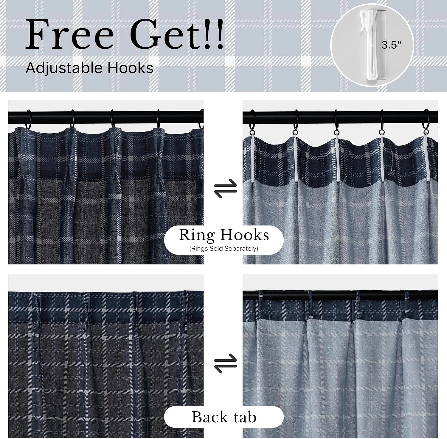 Blue plaid curtains shown with adjustable hooks, ring hooks, and back tab hanging styles
