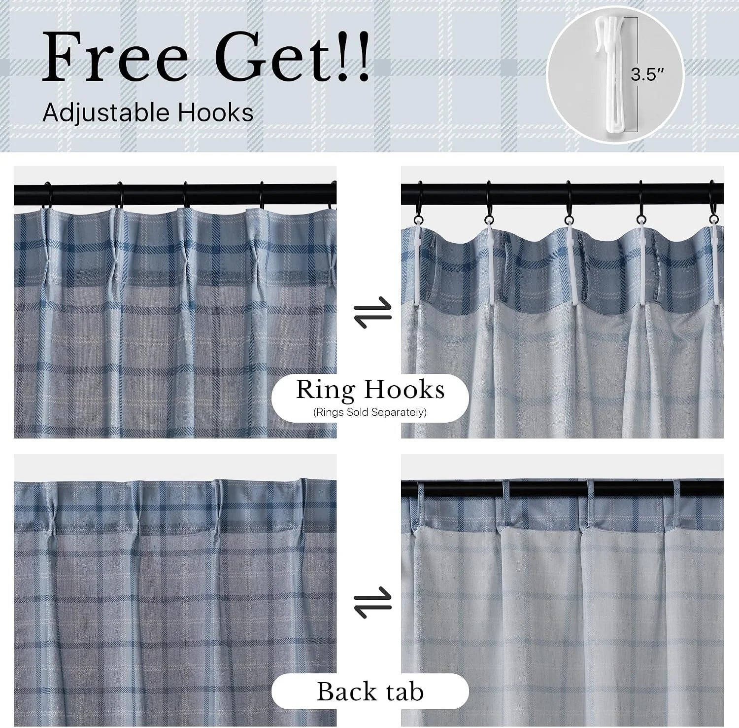 Blue plaid curtain panel showing adjustable hooks, ring hook and back tab hanging styles