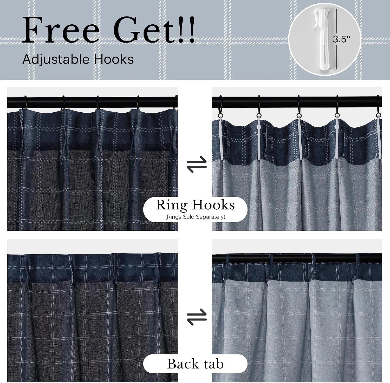 Blue plaid curtain panel showing adjustable hooks, ring hook and back tab hanging styles
