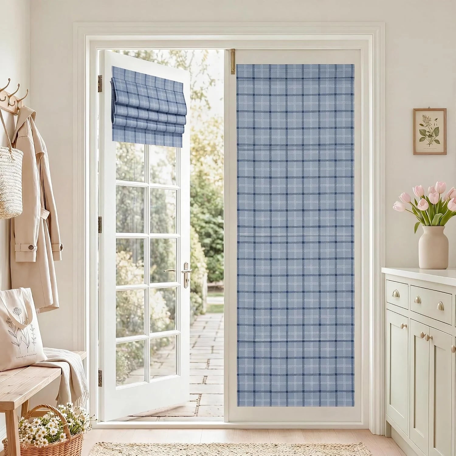 Blue plaid fabric blinds on glass patio doors in a bright farmhouse entryway