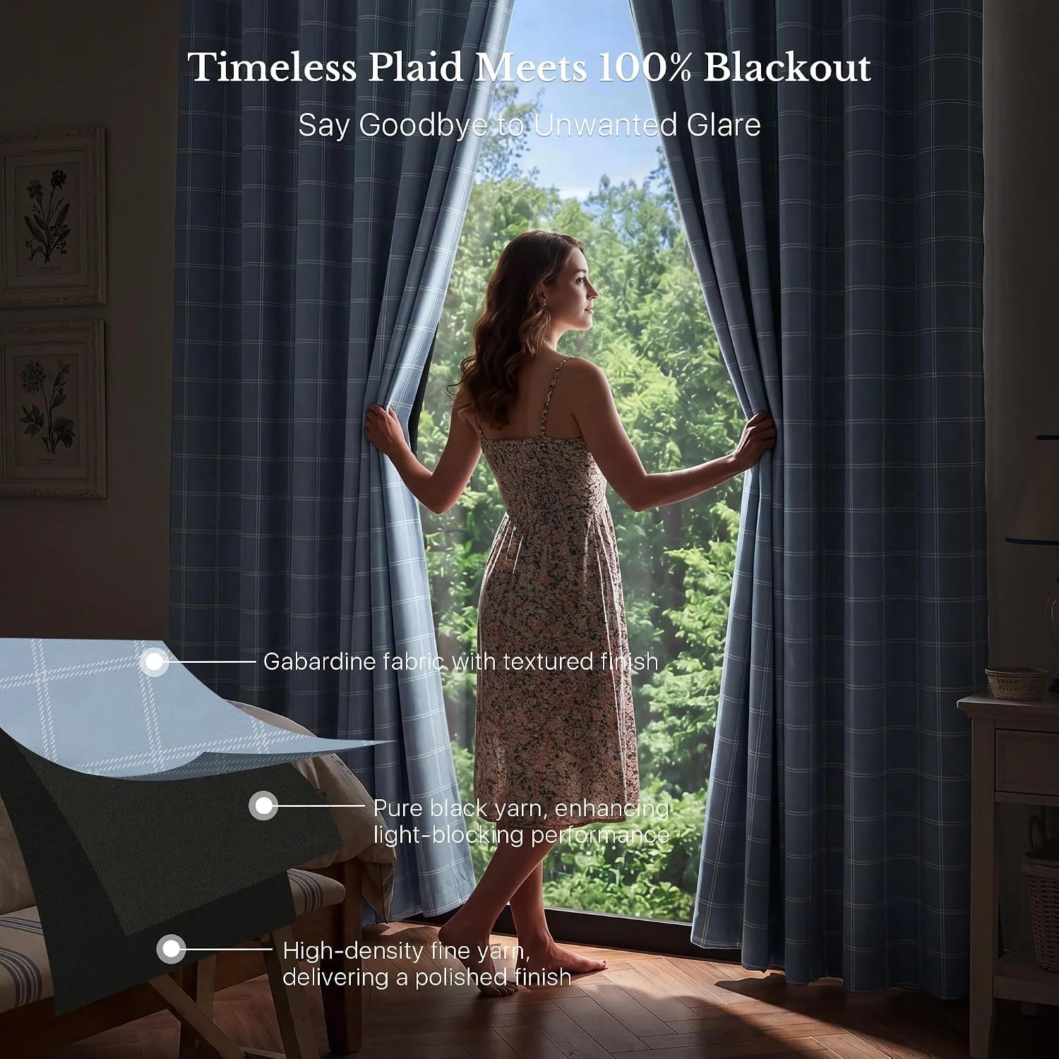 Woman opening blue plaid blackout curtains by a large bedroom window