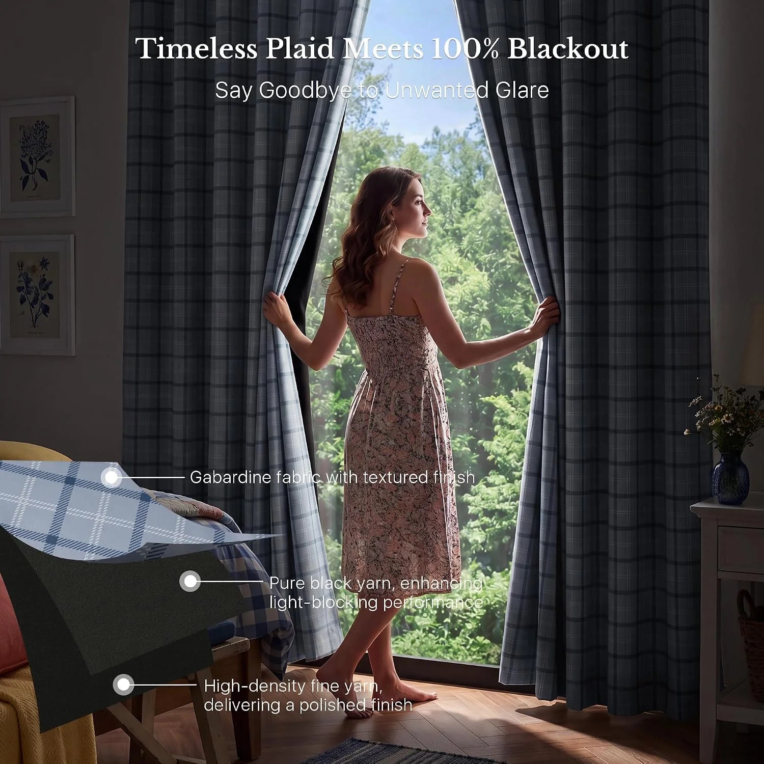 Woman opening blue plaid blackout curtains in a softly lit bedroom window