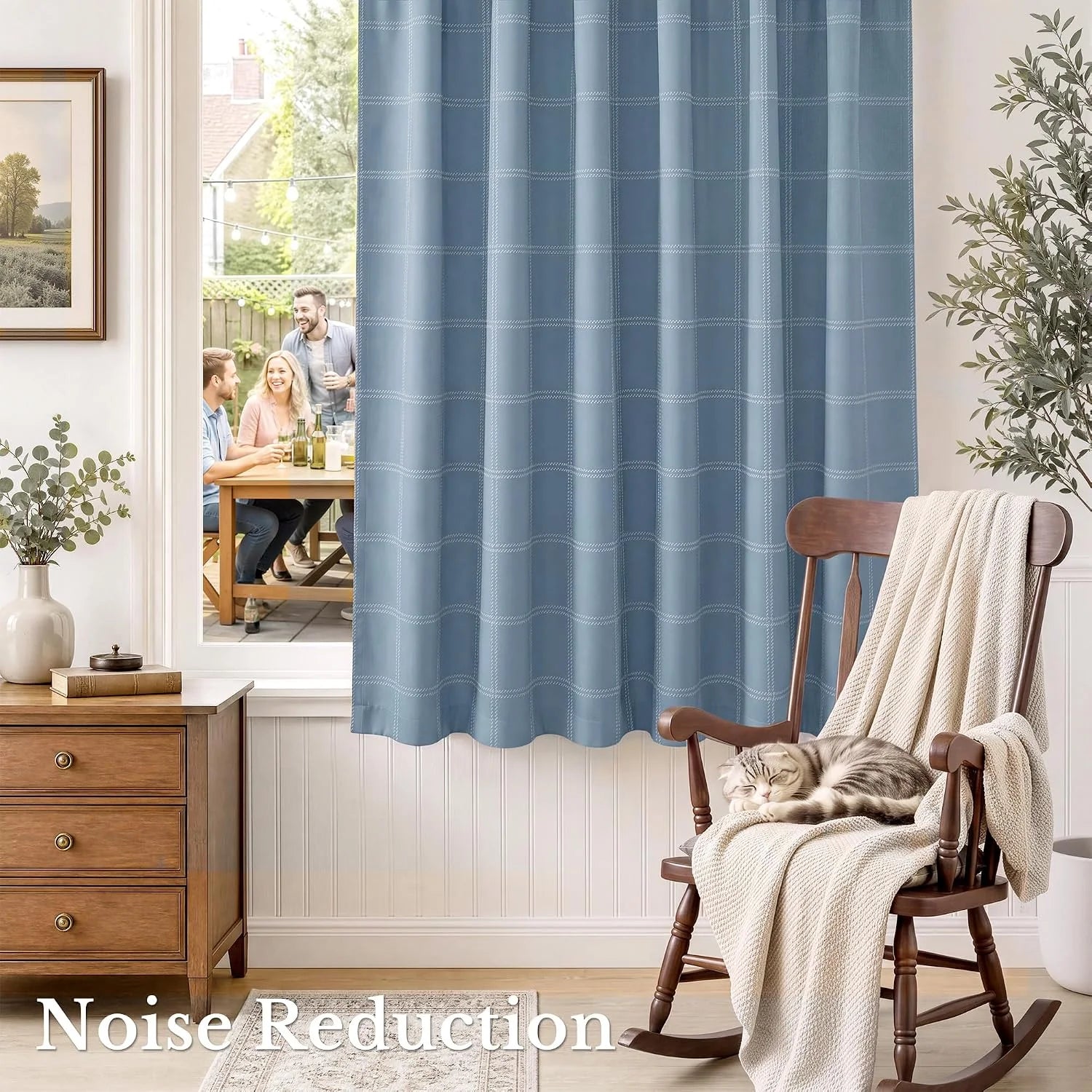 Blue plaid noise-reducing curtain in a cozy living room with rocking chair and cat
