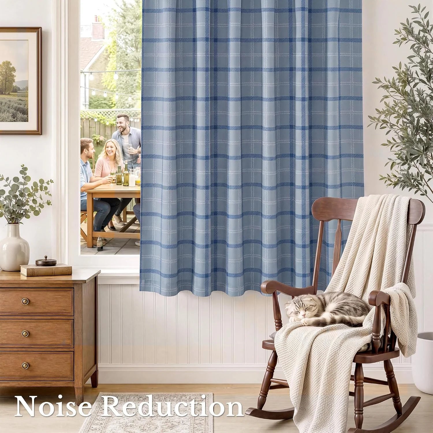 Blue plaid noise-reduction curtain in a cozy living room beside a rocking chair