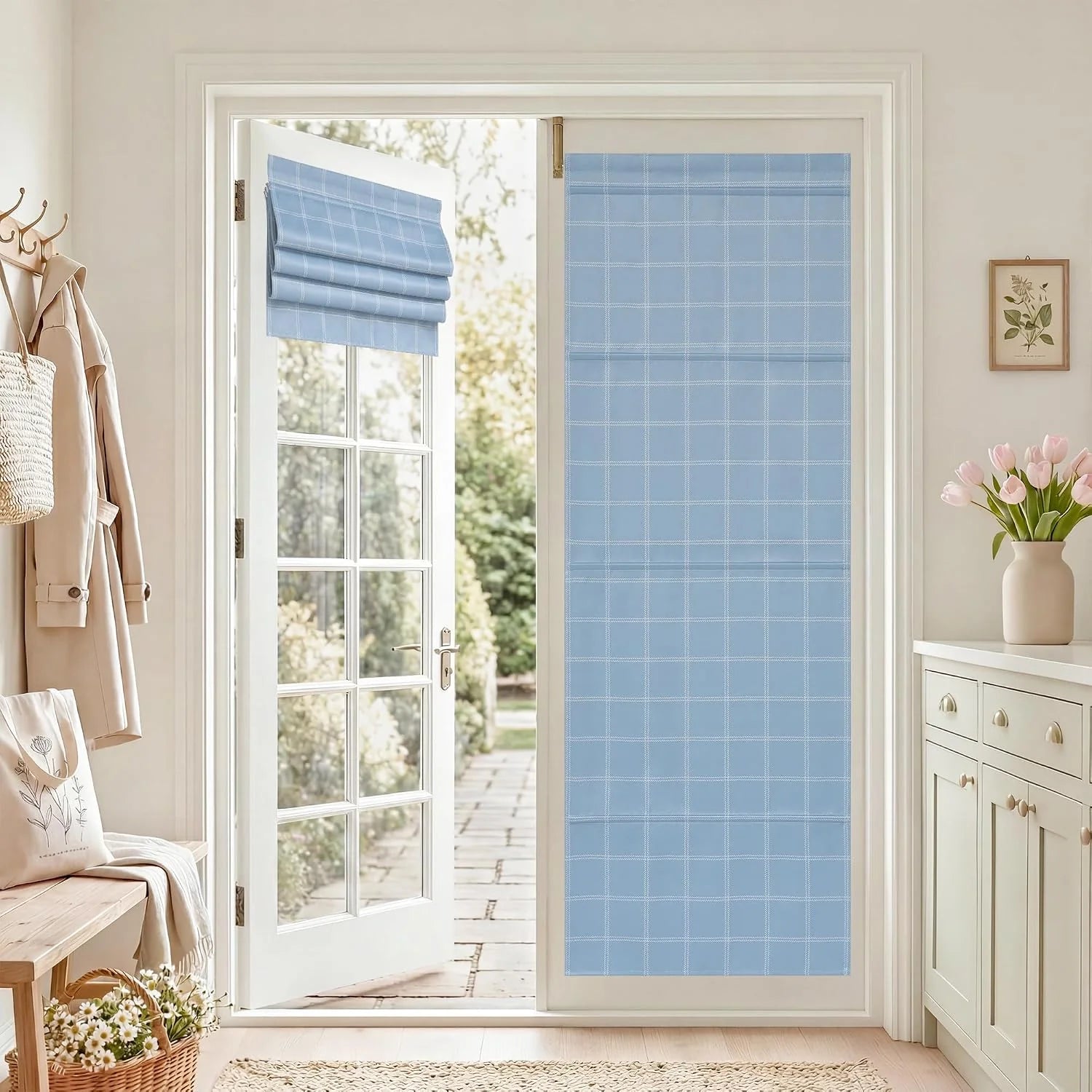 Light blue plaid Roman shade on glazed patio door in a bright entryway