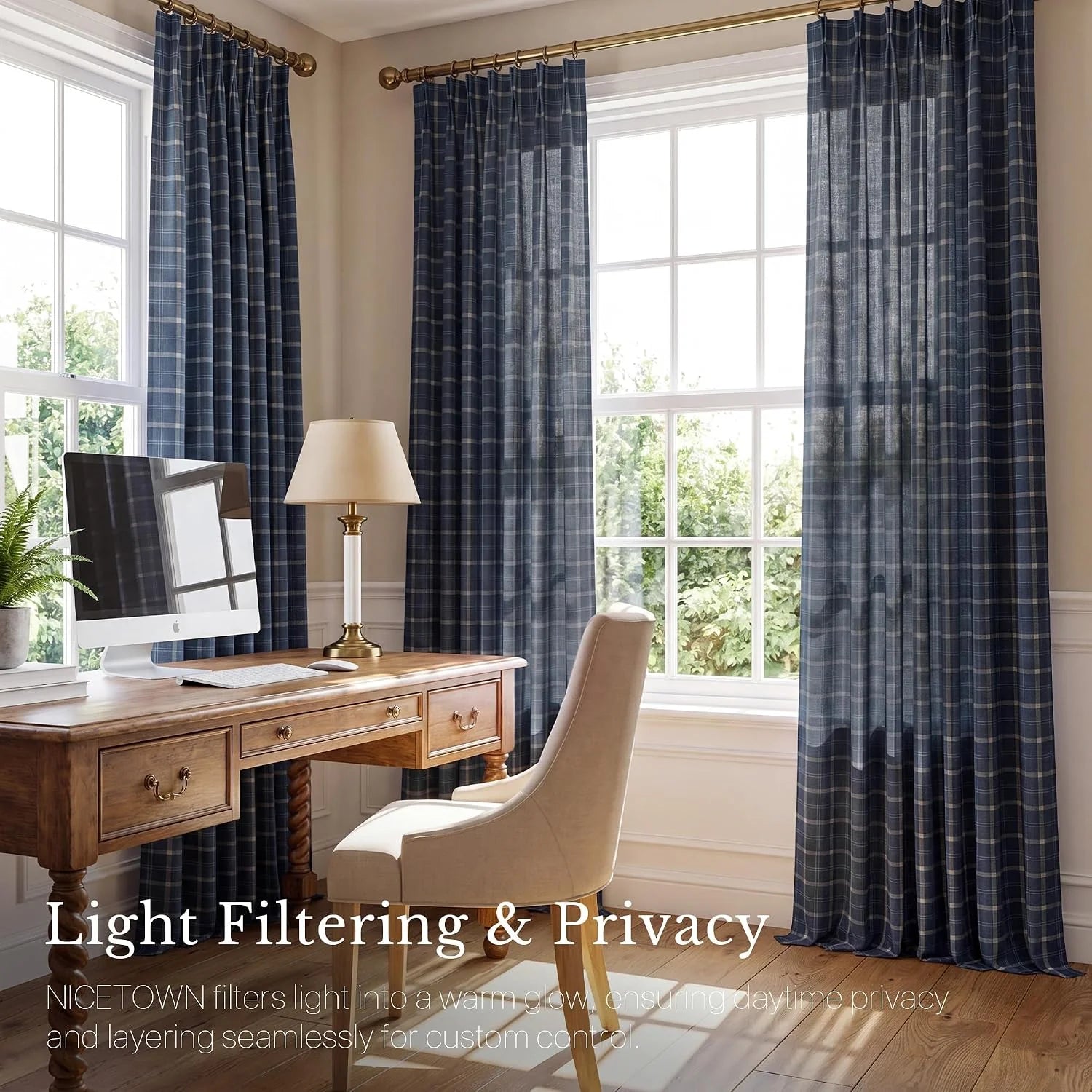 Blue plaid light-filtering curtains hanging in a bright traditional home office