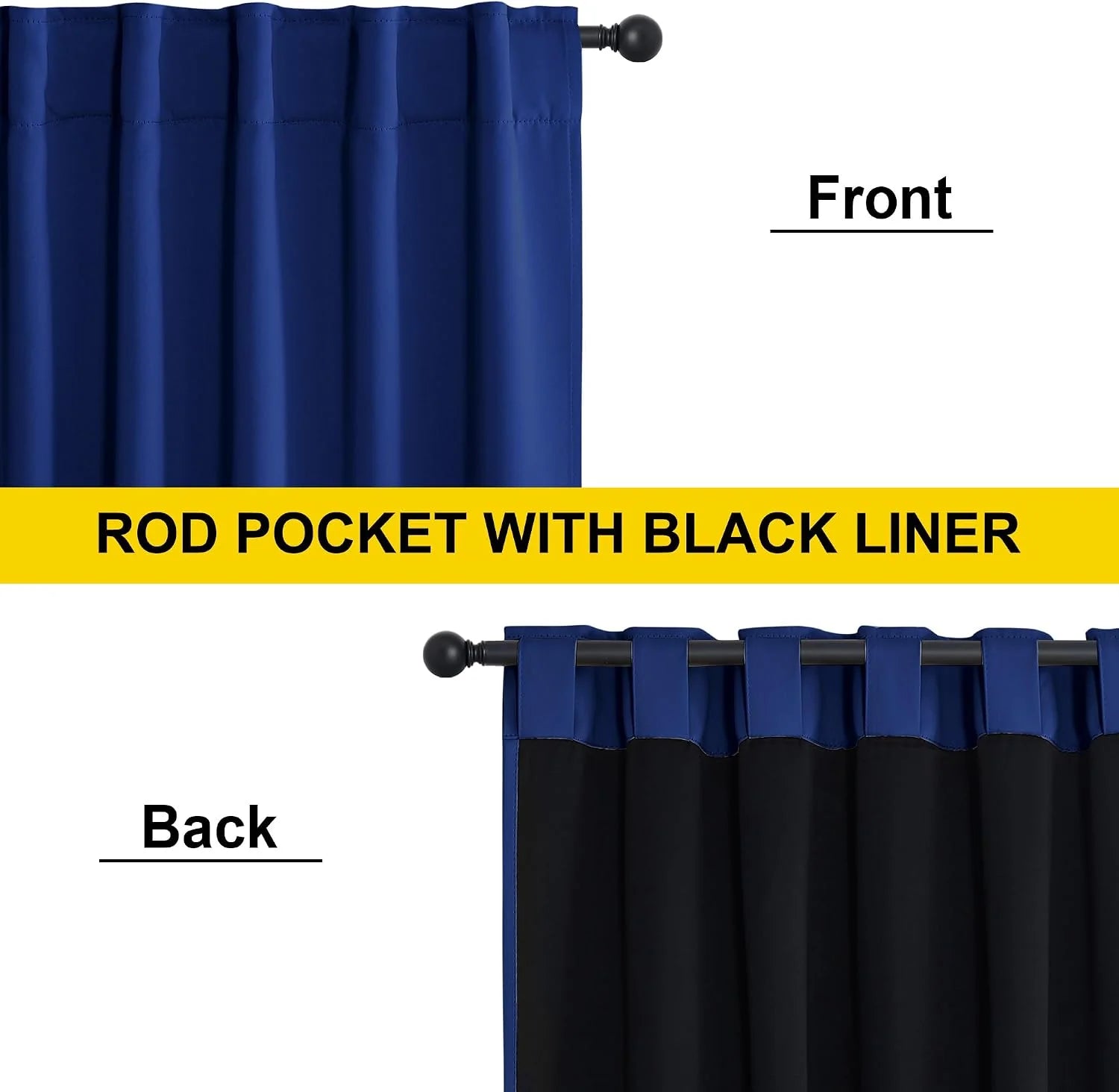 Blue rod pocket blackout curtain panel shown front and back with black liner