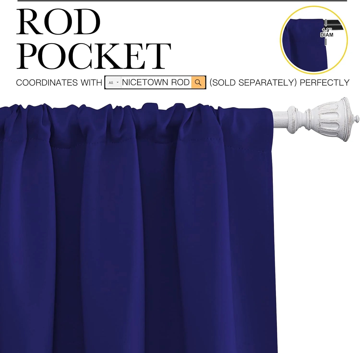 Detail shot of a royal blue rod pocket curtain on a white decorative rod, 1.9 inch diameter